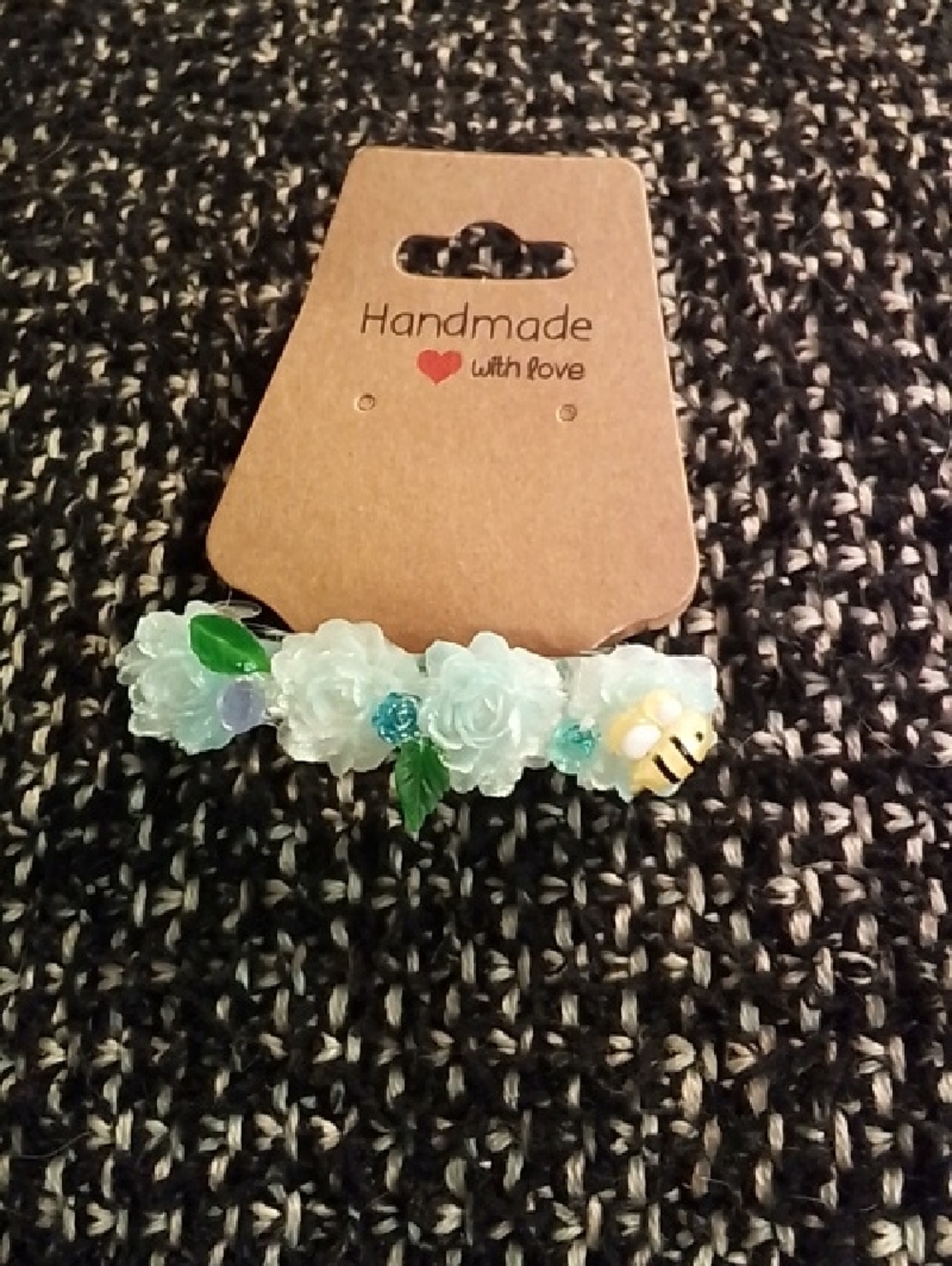 Hand Crafted White Floral Hair Clip with Green Leaves & Bee Accent